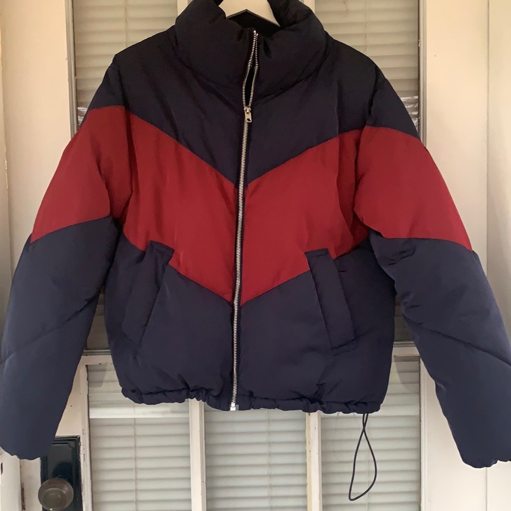 Divided geometric color block puffer coat